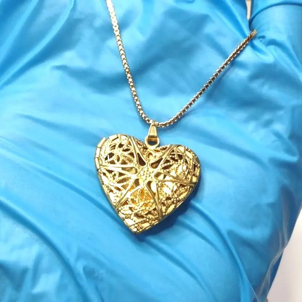 Gold Plated Silver Necklace Heart Locket Star Lattice Valentines Birthday Gift
